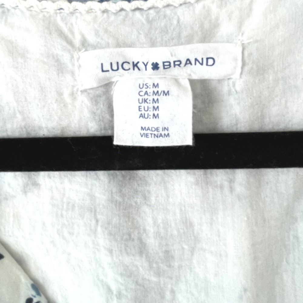 Lucky Brand Blue Paisley Tiered Maxi Dress White Cotton Blend Boho Lace Trim M - Picture 6 of 9